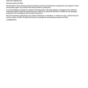 May include: White document with black text. The text includes the name and contact information for MAN Truck & Bus SE, including a phone number, email, and website. The document also states copyright information.