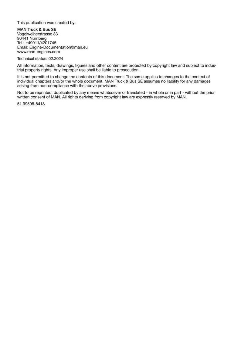 May include: White document with black text. The text includes the name and contact information for MAN Truck & Bus SE, including a phone number, email, and website. The document also states copyright information.