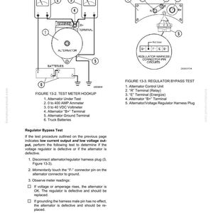 May include: Diagram of an alternator test setup with an ammeter, voltmeter, and battery connections. Includes a regulator bypass test diagram with labeled components and connector pin circuits. Text includes instructions for testing the alternator.