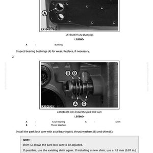 May include: Diagram of mechanical components with labels A, B, and C. Text indicates instructions for inspecting and installing parts, including bushings, axial bearings, thrust washers, and shims. Measurements are in inches.