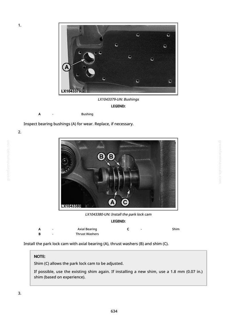 May include: Diagram of mechanical components with labels A, B, and C. Text indicates instructions for inspecting and installing parts, including bushings, axial bearings, thrust washers, and shims. Measurements are in inches.