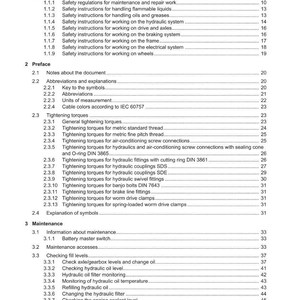 K&ouml;nnte beinhalten: Ein detailliertes Inhaltsverzeichnis eines Handbuchs mit Abschnitten zu Sicherheit, Vorwort und Wartung. Das Dokument enth&auml;lt Sicherheitshinweise, Anzugsdrehmomente und Wartungsverfahren. Das Weidemann-Logo ist sichtbar.