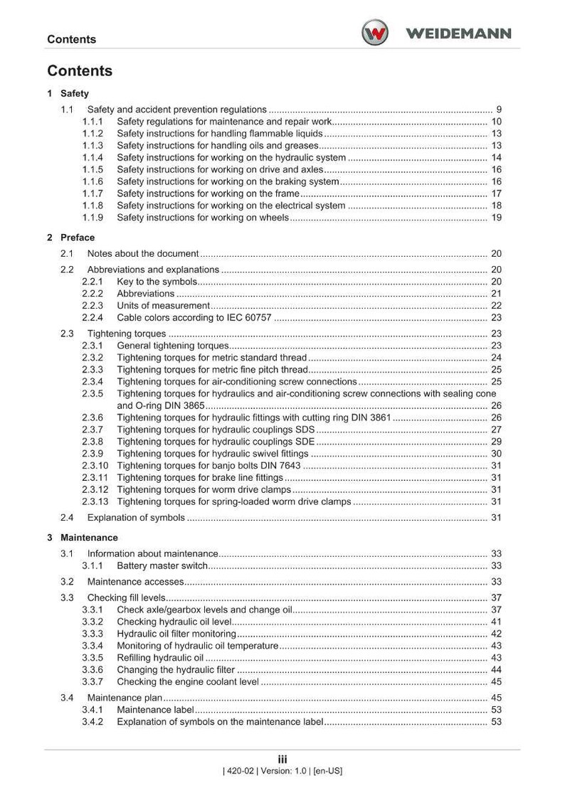 K&ouml;nnte beinhalten: Ein detailliertes Inhaltsverzeichnis eines Handbuchs mit Abschnitten zu Sicherheit, Vorwort und Wartung. Das Dokument enth&auml;lt Sicherheitshinweise, Anzugsdrehmomente und Wartungsverfahren. Das Weidemann-Logo ist sichtbar.