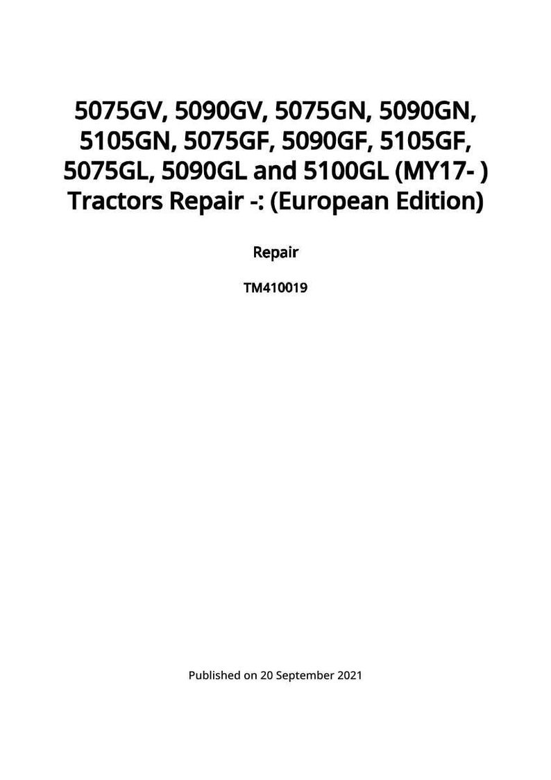 K&ouml;nnte beinhalten: Wei&szlig;es Blatt mit schwarzem Text. Der Text enth&auml;lt Traktormodellnummern, die Worte "Tractors Repair -: (European Edition)", das Wort "Repair" und den Code "TM410019". Das Datum "Published on 20 September 2021" ist ebenfalls vorhanden.