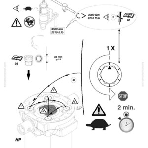 May include: Technical diagram with mechanical components, arrows, and measurements. Includes a torque specification of 3000 Nm or 2210 ft.lb, and a dimension of 38 mm or 1 1/2 inches. Features warning symbols and the text "STOP".