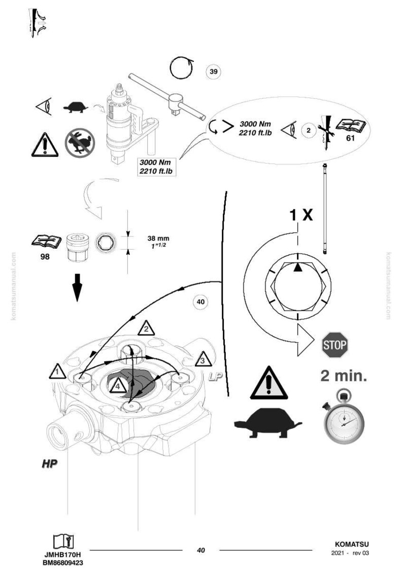 May include: Technical diagram with mechanical components, arrows, and measurements. Includes a torque specification of 3000 Nm or 2210 ft.lb, and a dimension of 38 mm or 1 1/2 inches. Features warning symbols and the text "STOP".