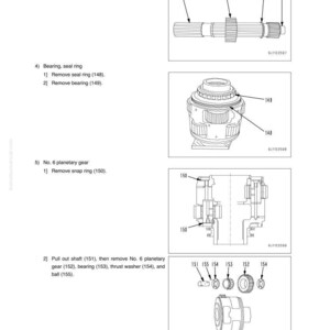 May include: Diagram of mechanical components with labels and numbers, including sun gear, snap ring, inner race, seal ring, and bearing. The image is from a manual, with text indicating disassembly steps.