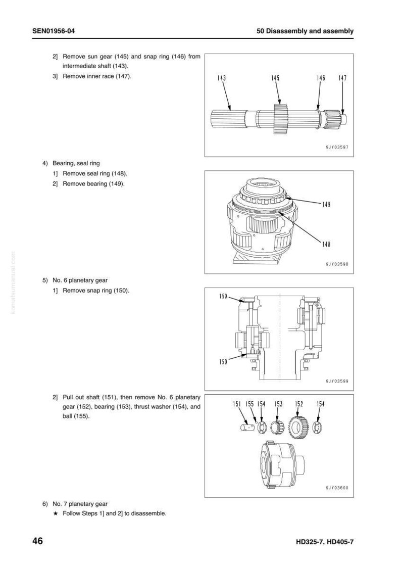 May include: Diagram of mechanical components with labels and numbers, including sun gear, snap ring, inner race, seal ring, and bearing. The image is from a manual, with text indicating disassembly steps.