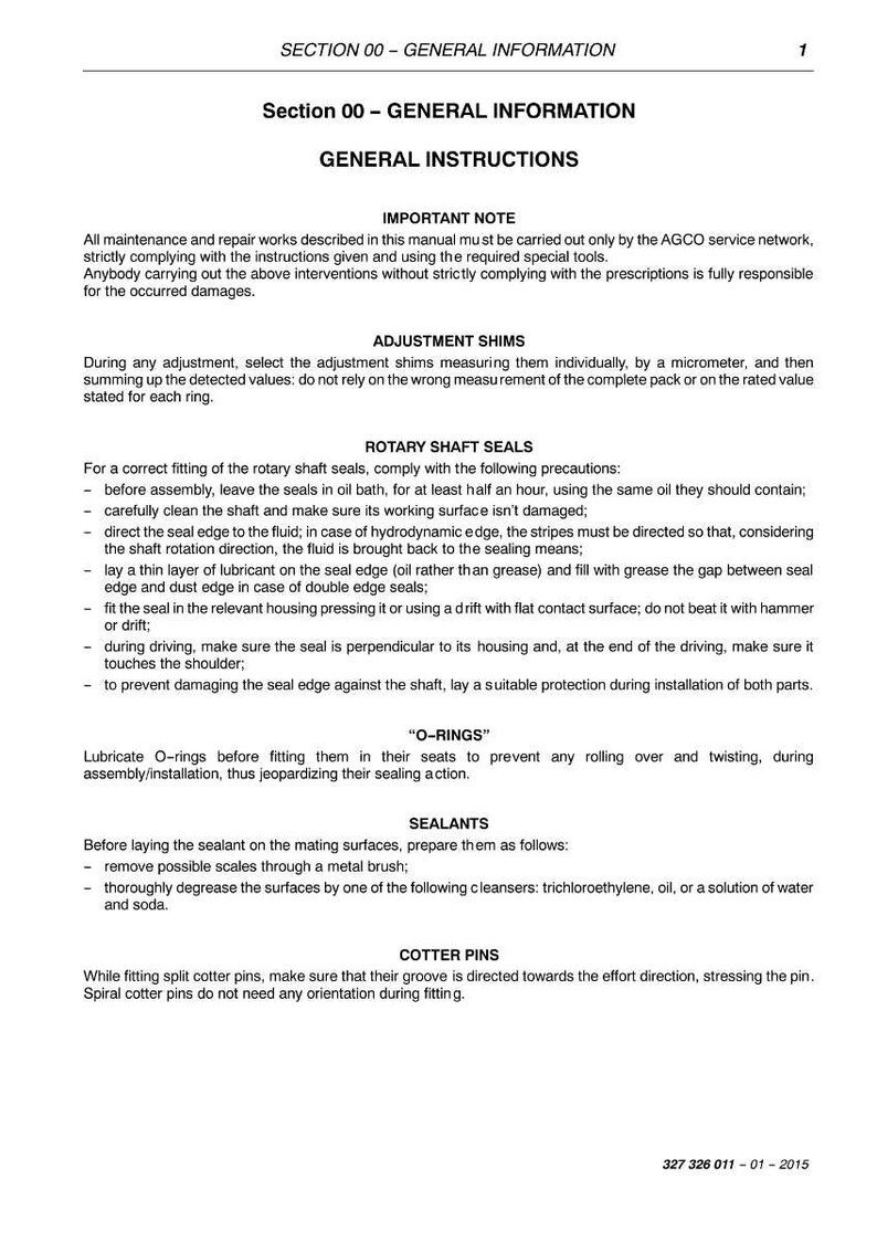 Puede incluir: Una p&aacute;gina de manual titulada "Secci&oacute;n 00 - Informaci&oacute;n general" con instrucciones sobre mantenimiento, calzas de ajuste, retenes rotativos, juntas t&oacute;ricas, selladores y pasadores hendidos. Texto en negro sobre fondo blanco.
