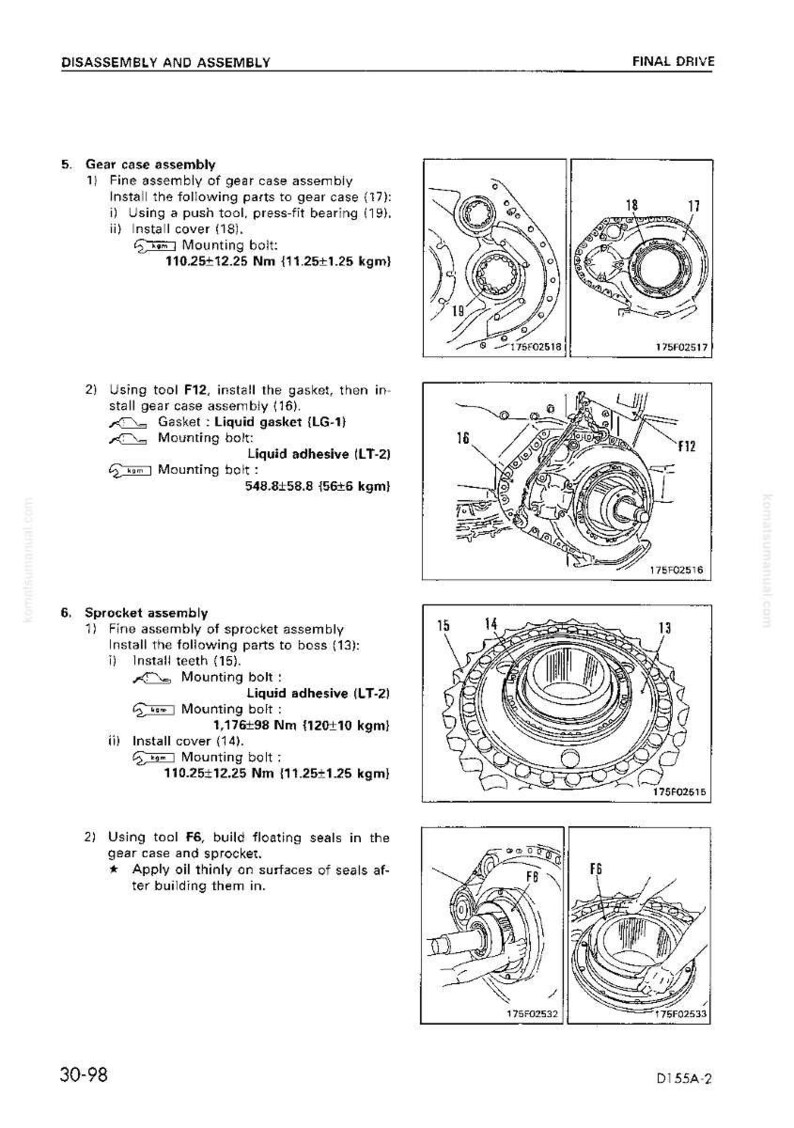 May include: Technical diagram showing the disassembly and assembly of a final drive system. Includes illustrations of gear case and sprocket components, with torque specifications in Nm and kgf&middot;m.