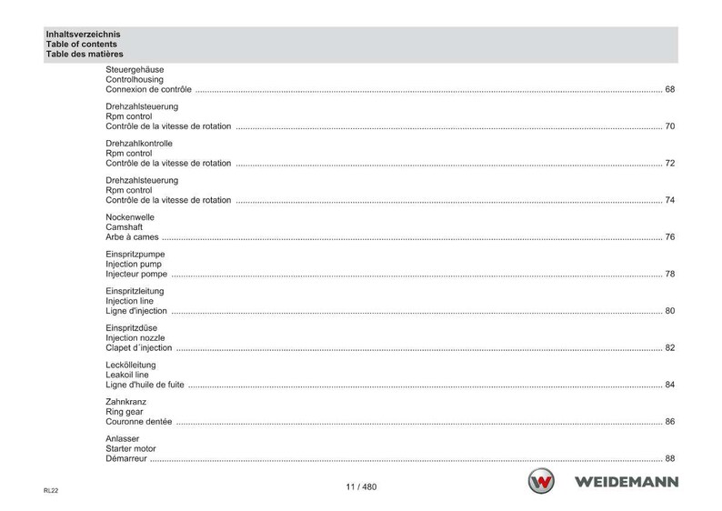 以下が含まれることがあります： ドイツ語、英語、フランス語で書かれた目次が記載されたマニュアルのページ。 「インジェクションポンプ」や「スターターモーター」など、さまざまな機械部品と対応するページ番号が記載されています。