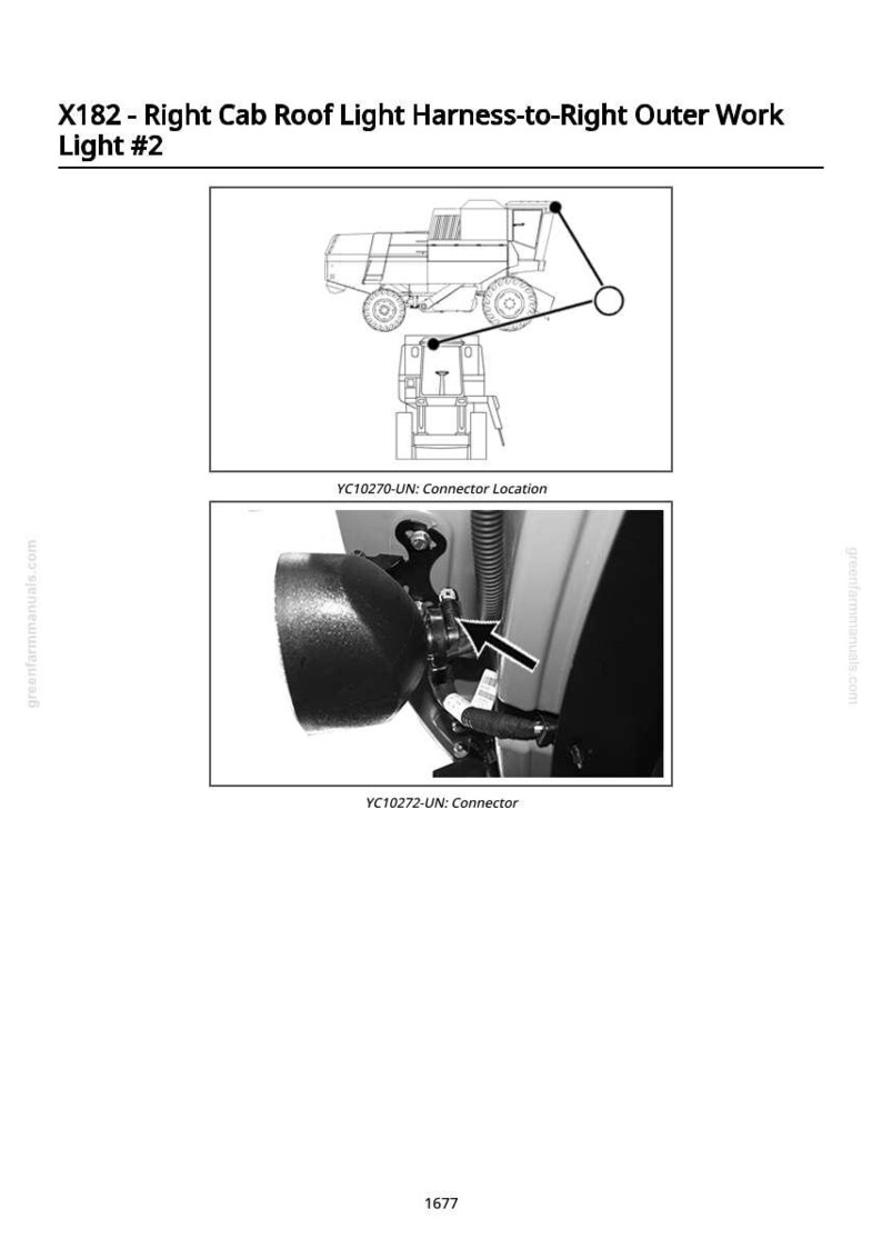 Peut inclure: Sch&eacute;ma du faisceau de feux de toit de cabine droite et du feu de travail ext&eacute;rieur d'une moissonneuse-batteuse. Comprend un sch&eacute;ma de l'emplacement du connecteur et un gros plan du connecteur. Le texte sur l'image indique : X182 - Right Cab Roof Light Harness-to-Right Outer Work Light #2.