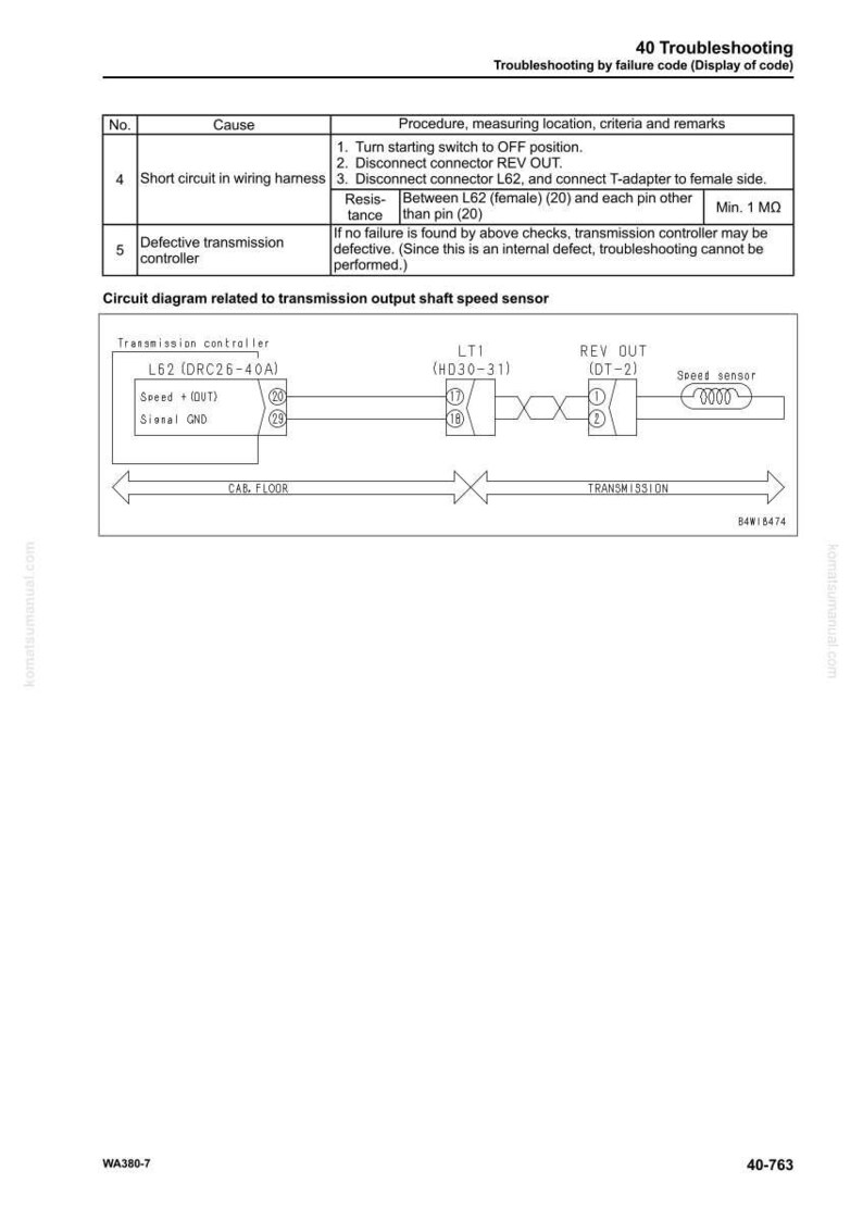 May include: Diagram of a transmission output shaft speed sensor with text. The diagram includes a transmission controller, L62, and other components. The text includes troubleshooting steps and resistance measurements.