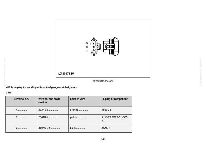 May include: Diagram of an X86 3-pin plug for a fuel gauge and fuel pump. The diagram includes a schematic of the plug and a table detailing wire colors and terminal numbers. The text "LX1017885" is visible.