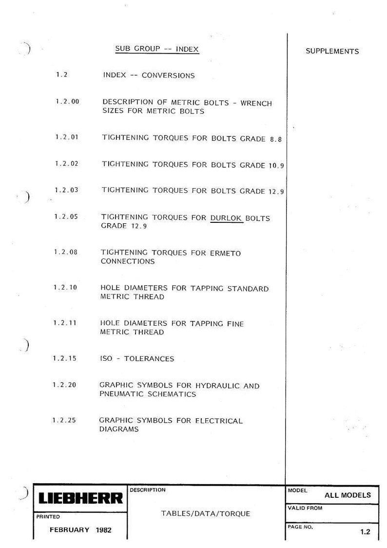 May include: A white printed page from February 1982 with the Liebherr logo. The page contains a table of data and torque specifications, including tightening torques for bolts and hole diameters for metric threads.