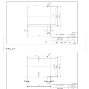 May include: Technical drawing of a push tool, labeled "H4 Push tool," with dimensions in inches. The drawing includes details for disassembly and assembly, with text indicating the part name, material, and heat treatment.