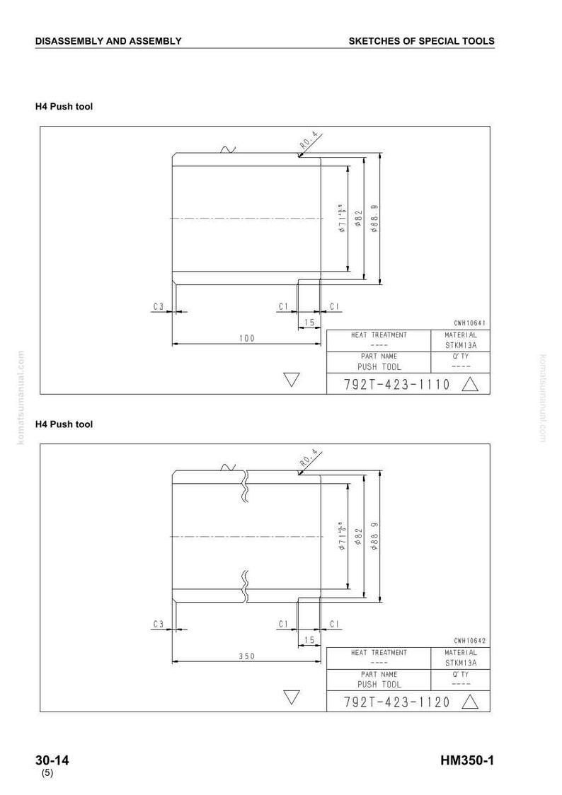 May include: Technical drawing of a push tool, labeled "H4 Push tool," with dimensions in inches. The drawing includes details for disassembly and assembly, with text indicating the part name, material, and heat treatment.