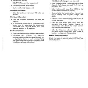 K&ouml;nnte beinhalten: Ein wei&szlig;es Formular mit dem Titel &bdquo;KOMTRAX PLUS INITIALISIERUNGSFORMULAR&ldquo; mit detaillierten Anweisungen. Das Formular enth&auml;lt Abschnitte f&uuml;r Kunden-, H&auml;ndler- und Maschineninformationen sowie Anweisungen zum Einstellungstool. Das Dokument ist mit D14-7 gekennzeichnet.