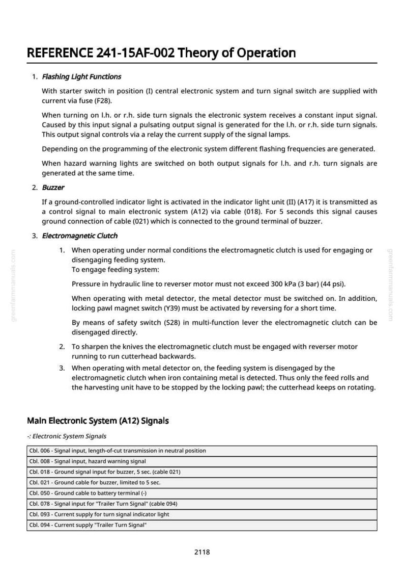 K&ouml;nnte beinhalten: Technisches Dokument mit dem Titel "REFERENCE 241-15AF-002 Theory of Operation" mit detaillierten Informationen zu Blinklichtfunktionen, Summerbetrieb und elektromagnetischer Kupplung. Enth&auml;lt Diagramme und Signalbeschreibungen.
