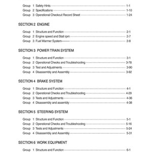 May include: A white document titled "CONTENTS" with a list of sections and groups. Sections include GENERAL, ENGINE, POWER TRAIN SYSTEM, BRAKE SYSTEM, STEERING SYSTEM, and WORK EQUIPMENT. Each section lists groups with page numbers.