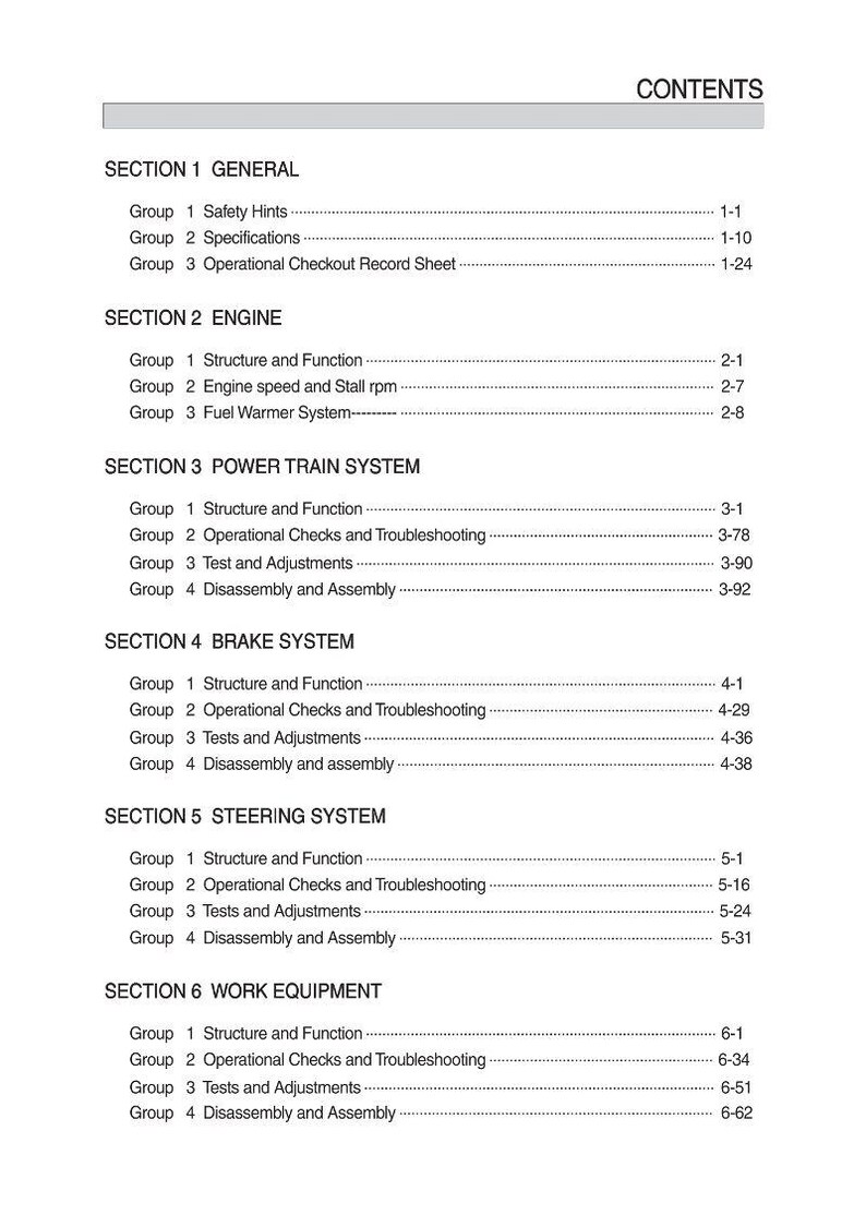 May include: A white document titled "CONTENTS" with a list of sections and groups. Sections include GENERAL, ENGINE, POWER TRAIN SYSTEM, BRAKE SYSTEM, STEERING SYSTEM, and WORK EQUIPMENT. Each section lists groups with page numbers.