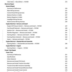 May include: A white-background page from a manual with a list of engine and power train repair procedures. The text includes "Engine Electrical," "Power Train Repair," and specific component names like "Starting Motor" and "Traction Drive Belt."