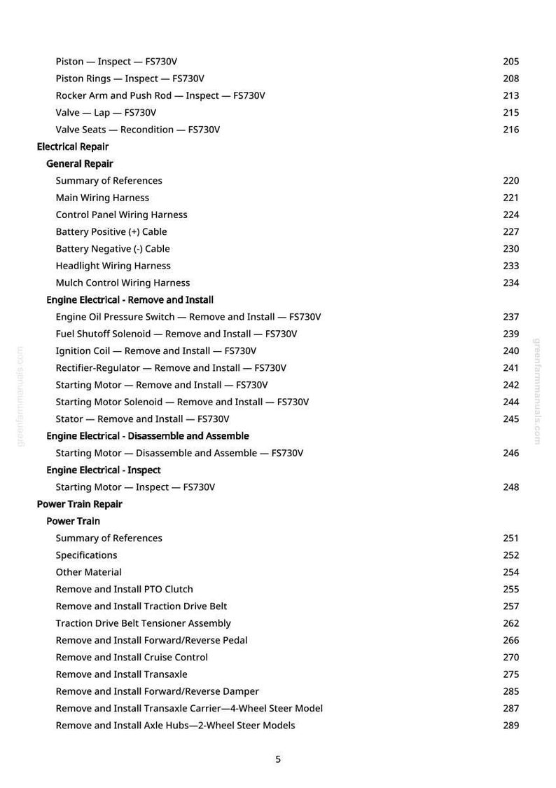 May include: A white-background page from a manual with a list of engine and power train repair procedures. The text includes "Engine Electrical," "Power Train Repair," and specific component names like "Starting Motor" and "Traction Drive Belt."