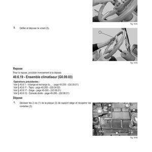 May include: A page from a repair manual titled "M&Eacute;THODE D'INTERVENTION". The image shows diagrams of a steering wheel removal process, with French text instructions. The diagrams are numbered and labelled with reference figures.