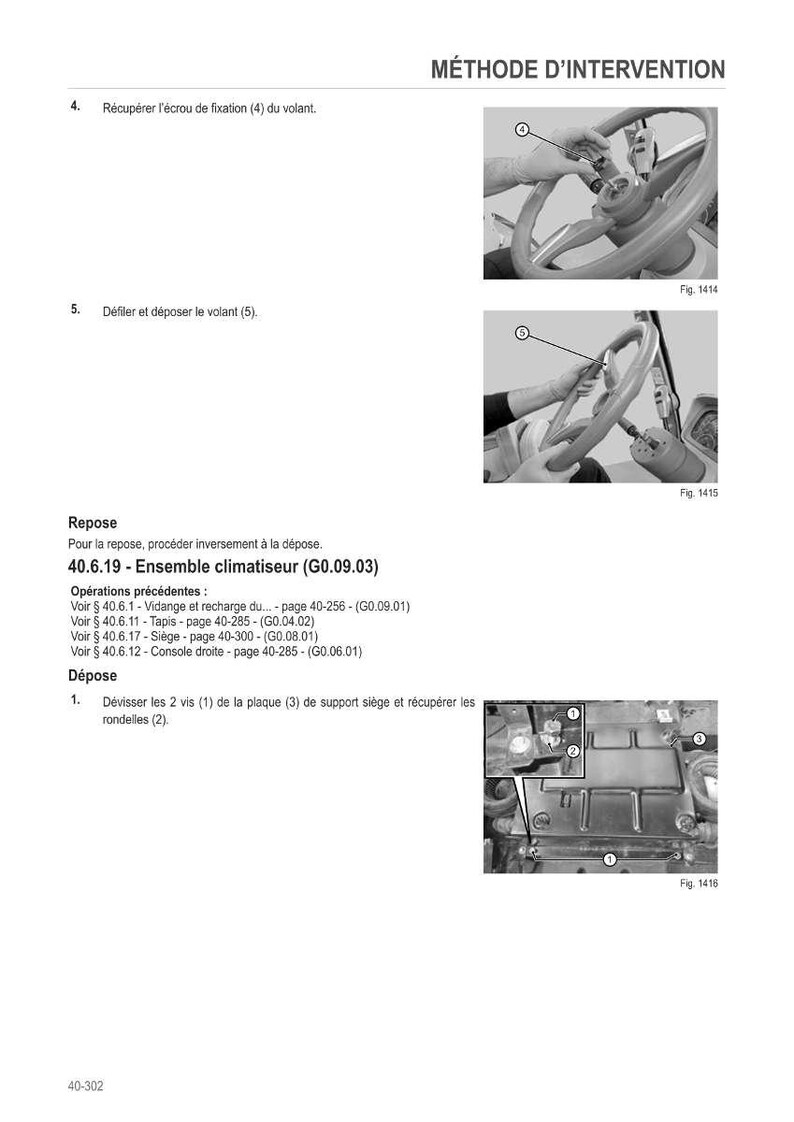 May include: A page from a repair manual titled "M&Eacute;THODE D'INTERVENTION". The image shows diagrams of a steering wheel removal process, with French text instructions. The diagrams are numbered and labelled with reference figures.