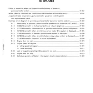 May include: A white document titled "Troubleshooting of Governor, Pump Controller (Governor Control System) (E Mode)". The document lists troubleshooting points, including engine and electrical circuit issues.
