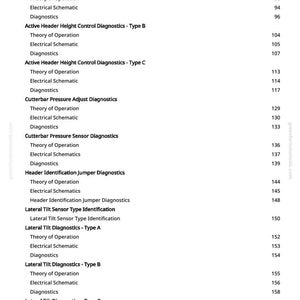 May include: A page from a manual with a table of contents. The text includes titles such as "Active Header Height Control Diagnostics" and "Lateral Tilt Diagnostics." Page numbers are listed to the right of each entry.