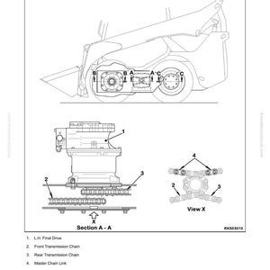 May include: Diagram of a transmission system, featuring a detailed illustration of the L.H. Final Drive, front and rear transmission chains, and master chain link. The image includes a schematic of a construction vehicle.
