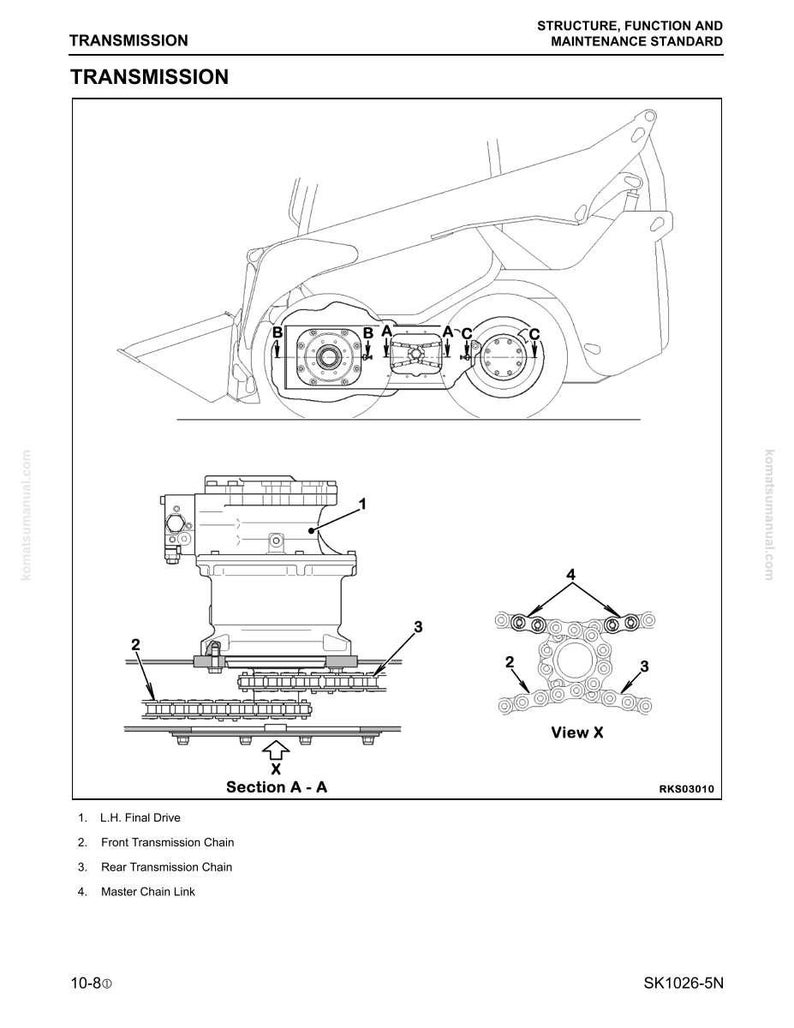 May include: Diagram of a transmission system, featuring a detailed illustration of the L.H. Final Drive, front and rear transmission chains, and master chain link. The image includes a schematic of a construction vehicle.