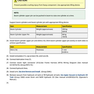 May include: Technical document page with safety warnings and specifications for machinery components. Includes torque values, weight measurements in pounds and kilograms, and shim thickness in inches and millimeters. Contains a caution notice about crushing injuries.
