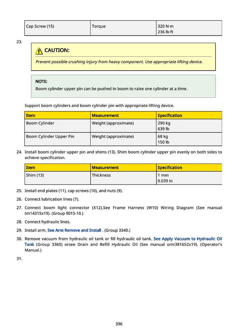 May include: Technical document page with safety warnings and specifications for machinery components. Includes torque values, weight measurements in pounds and kilograms, and shim thickness in inches and millimeters. Contains a caution notice about crushing injuries.