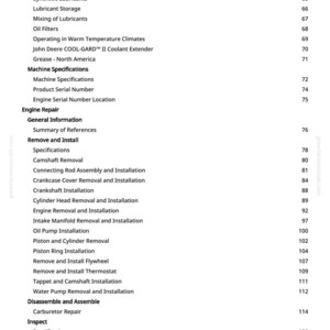Puede incluir: Una p&aacute;gina de manual con un &iacute;ndice detallado. Los temas incluyen "Reparaci&oacute;n del motor", "Filtros de aceite" e "Instalaci&oacute;n del cig&uuml;e&ntilde;al". Los n&uacute;meros de p&aacute;gina se enumeran junto a cada entrada.