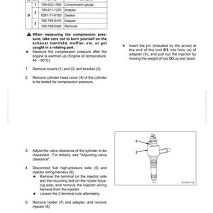 May include: Page from a manual detailing testing compression pressure. Includes a table of tools, instructions, and a diagram of an injector. The text includes measurements in Celsius.