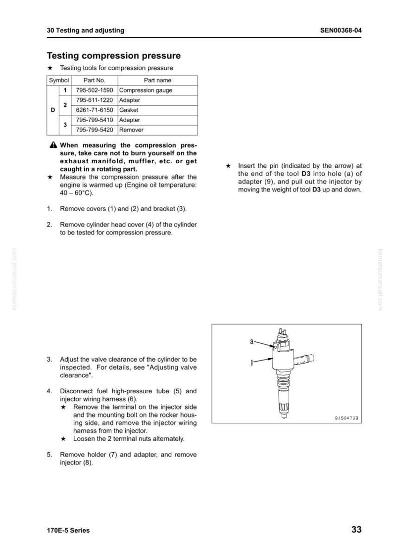 May include: Page from a manual detailing testing compression pressure. Includes a table of tools, instructions, and a diagram of an injector. The text includes measurements in Celsius.