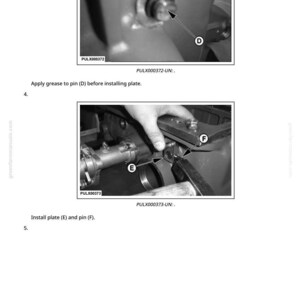 K&ouml;nnte beinhalten: Zwei Graustufenbilder aus einem Handbuch, die mechanische Montageschritte zeigen. Das erste Bild zeigt eine Nahaufnahme eines Stifts mit der Bezeichnung "D". Das zweite Bild zeigt eine Hand, die eine Platte mit der Bezeichnung "E" und einen Stift mit der Bezeichnung "F" einbaut. Textanweisungen sind enthalten.