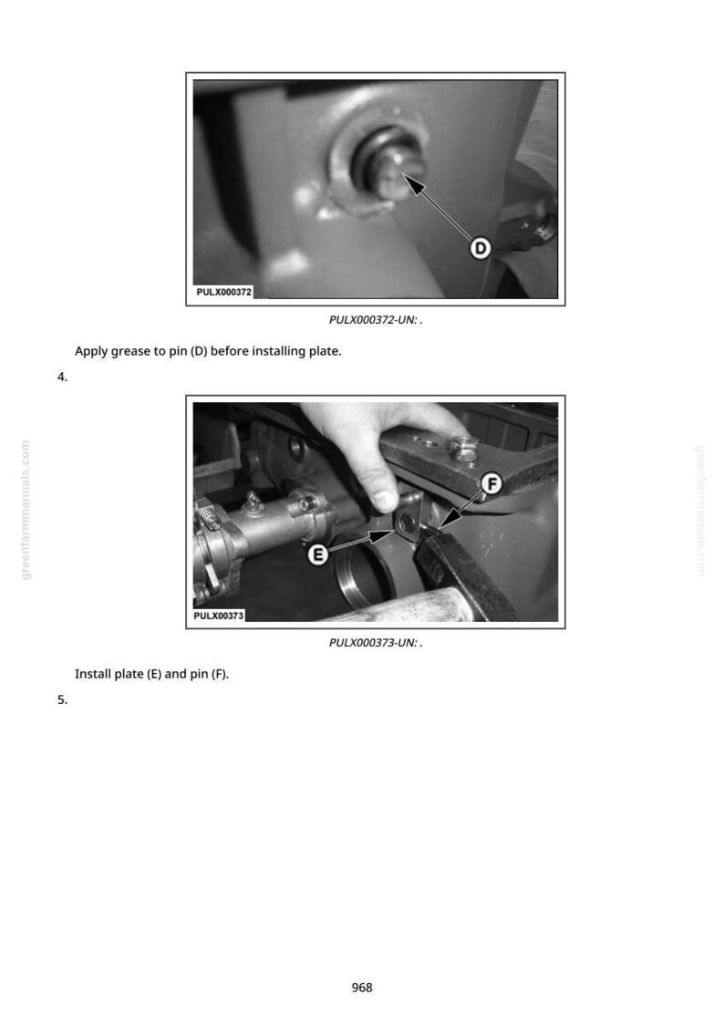 K&ouml;nnte beinhalten: Zwei Graustufenbilder aus einem Handbuch, die mechanische Montageschritte zeigen. Das erste Bild zeigt eine Nahaufnahme eines Stifts mit der Bezeichnung "D". Das zweite Bild zeigt eine Hand, die eine Platte mit der Bezeichnung "E" und einen Stift mit der Bezeichnung "F" einbaut. Textanweisungen sind enthalten.