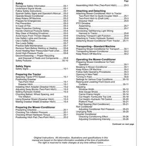 May include: A contents page from a manual detailing a mower-conditioner. The page lists various sections including safety, tractor preparation, and mower-conditioner operation. The manual is copyrighted by Deere & Company.