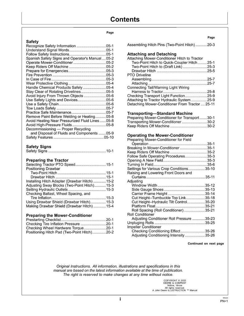 May include: A contents page from a manual detailing a mower-conditioner. The page lists various sections including safety, tractor preparation, and mower-conditioner operation. The manual is copyrighted by Deere & Company.