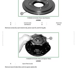 May include: Diagram of brake components, including a seal retainer, piston seal, and O-ring, with labels and instructions. The image also shows brake disks and spacer plates. The text reads "Remove screws, seal retainer, piston seal, and O-ring."