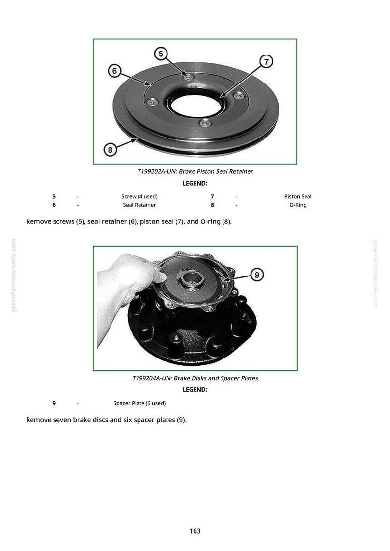 May include: Diagram of brake components, including a seal retainer, piston seal, and O-ring, with labels and instructions. The image also shows brake disks and spacer plates. The text reads "Remove screws, seal retainer, piston seal, and O-ring."