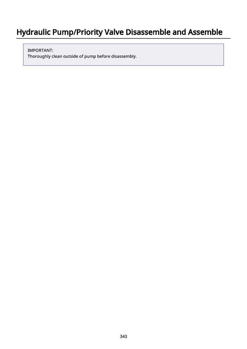 May include: White page with the title "Hydraulic Pump/Priority Valve Disassemble and Assemble". Below the title is a text box with the word "IMPORTANT:" and the text "Thoroughly clean outside of pump before disassembly."
