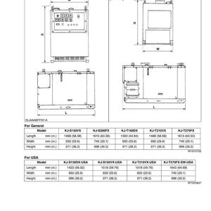K&ouml;nnte beinhalten: Diagramm mit den Abmessungen von Industrieanlagen, mit Messungen in mm und Zoll. Modelle sind KJ-S150VX, KJ-S200FX, KJ-T160DX, KJ-T210VX und KJ-T270FX. Das Diagramm enth&auml;lt L&auml;ngen-, Breiten- und H&ouml;henmessungen.