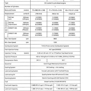 May include: A detailed specifications sheet for OC60, OC80, and OC95 diesel engines. The document includes technical data such as bore and stroke measurements in inches, displacement in cubic inches, horsepower, and fuel capacity in U.S. gallons.