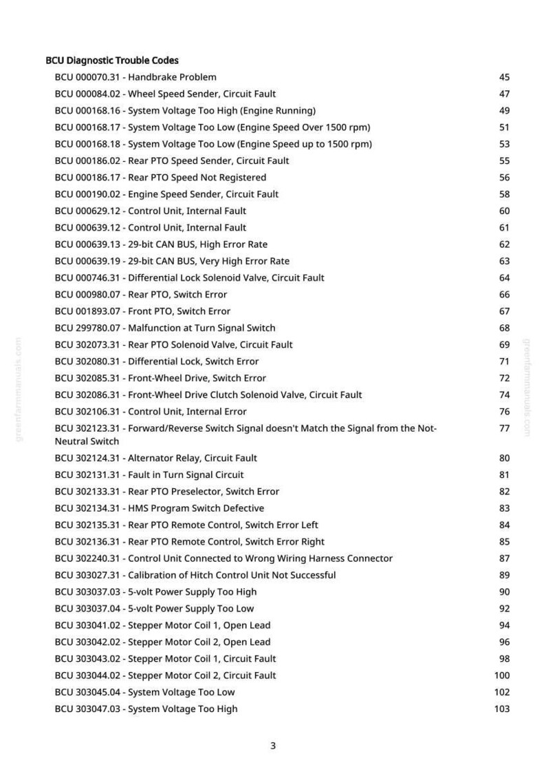 May include: A printed page from a manual, listing BCU Diagnostic Trouble Codes. The codes include issues like handbrake problems, wheel speed sender faults, and system voltage errors. Page number 3 is visible.