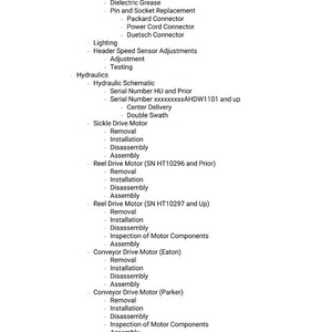 Puede incluir: Una lista detallada de procedimientos t&eacute;cnicos e instrucciones, incluyendo comprobaciones de continuidad, inspecciones de conectores y esquemas hidr&aacute;ulicos. El texto es en negro sobre fondo blanco, cubriendo diversas tareas de mantenimiento.