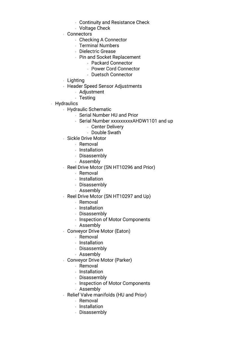 Puede incluir: Una lista detallada de procedimientos t&eacute;cnicos e instrucciones, incluyendo comprobaciones de continuidad, inspecciones de conectores y esquemas hidr&aacute;ulicos. El texto es en negro sobre fondo blanco, cubriendo diversas tareas de mantenimiento.